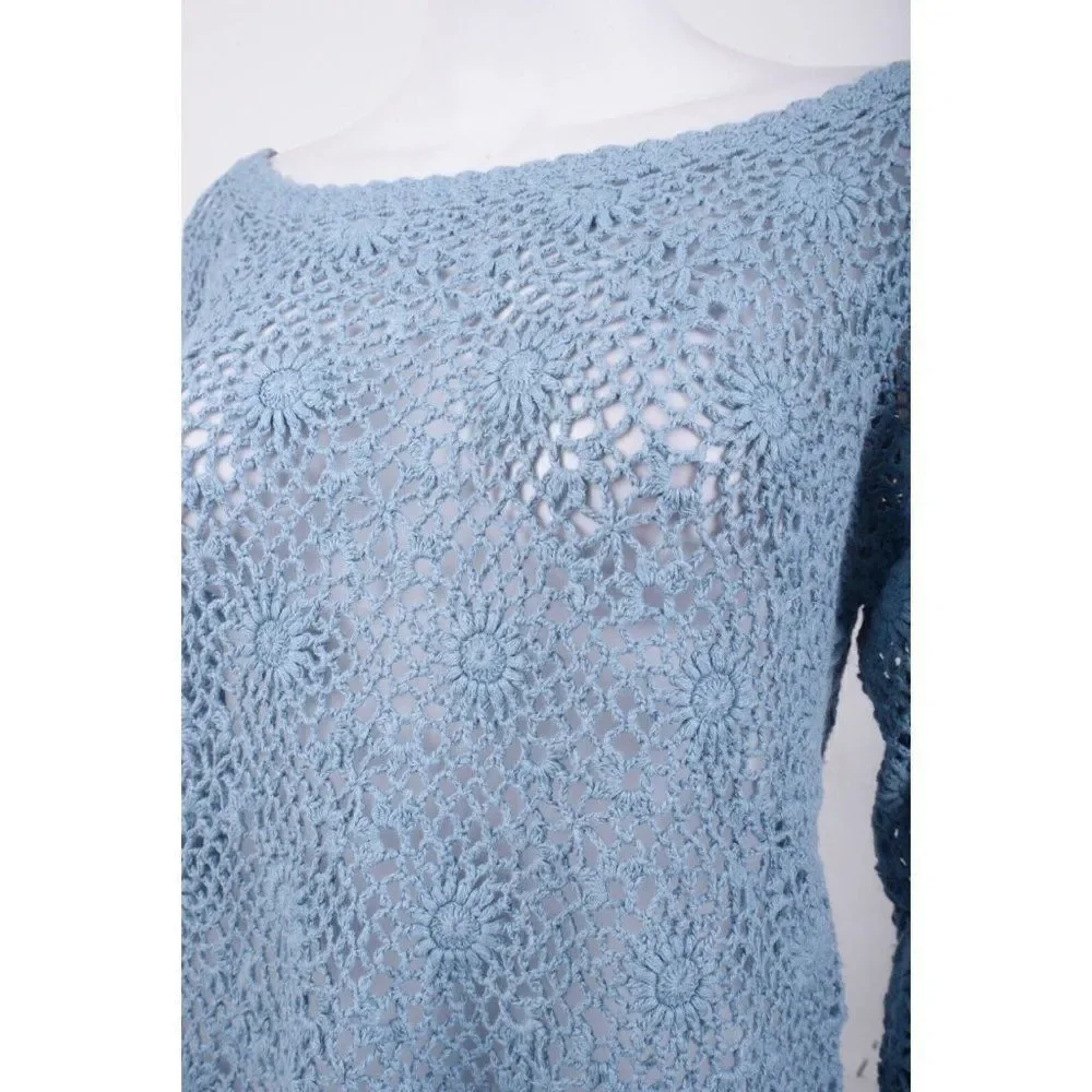Vintage ESPRIT Womens Sweater L Blue Crochet Pullover Boat neck 90s NWT